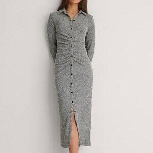 Anthropologie Womens Medium Gray Ribbed Knit Ruched Button Front Midi Dress